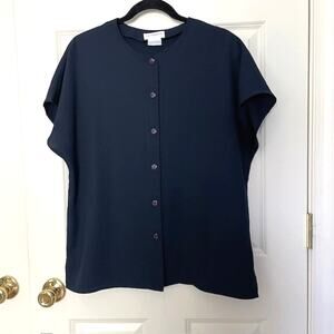 Liz Claiborne Collection Navy Blue Short Sleeve Button Front Top Women 16